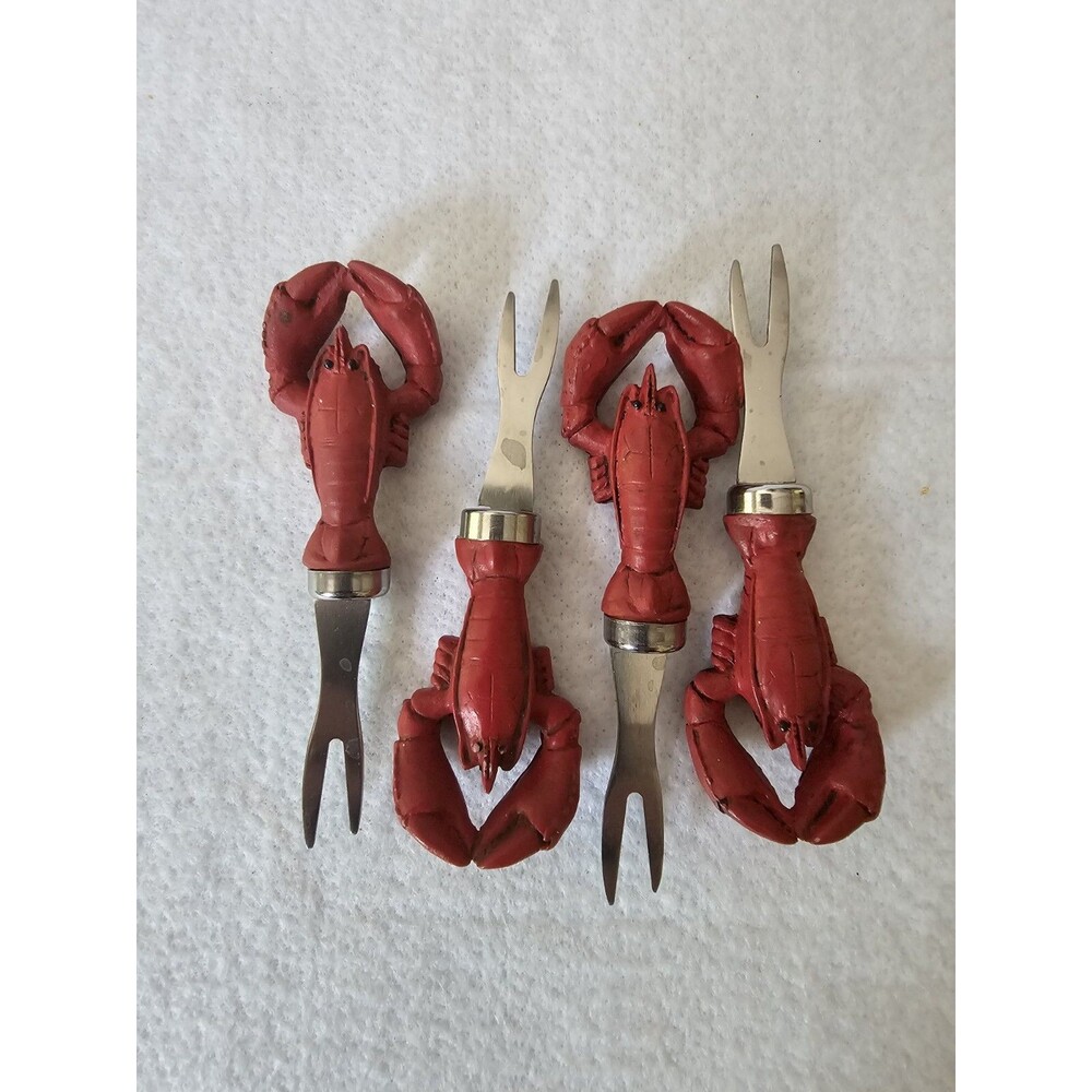 Lobster Picks Set of 4 Stainless Steel Seafood Forks Red Handles